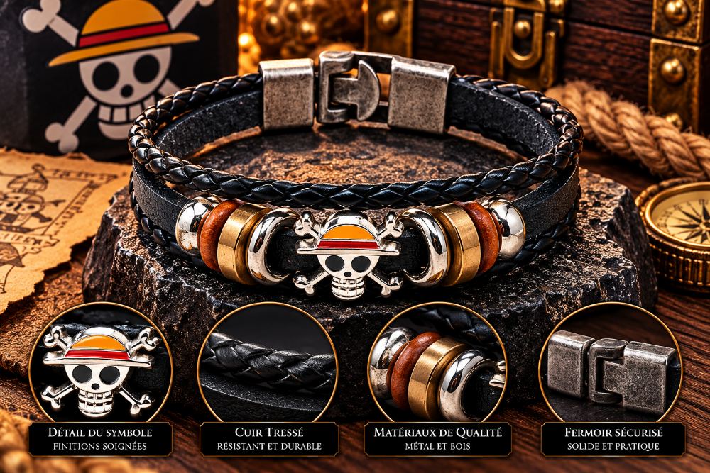 Bracelet cuir anime One Piece — 18-20 cm ajustable