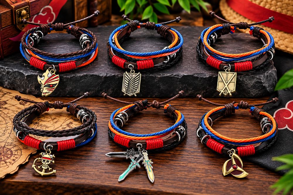 Bracelet cuir bohème anime — cordon rouge/noir